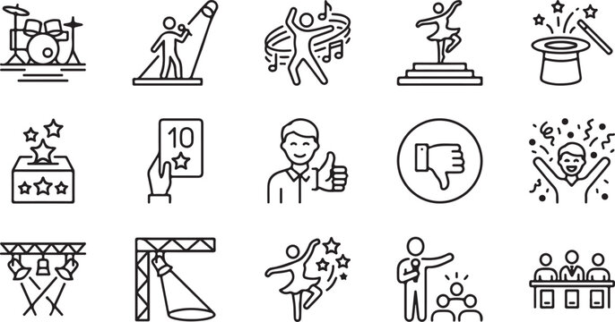 "Talent Show, Performance, Entertainment & Event Management Minimalist Line Icon Set"