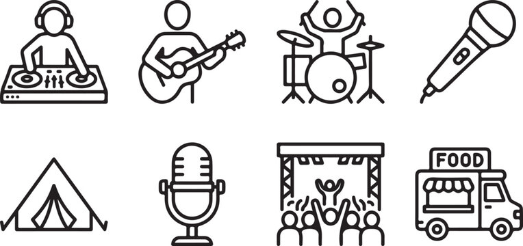 "Music Festival, Concert, Event & Camping Minimalist Line Icon Set"