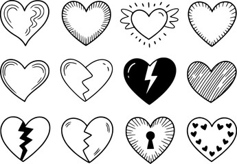 Fototapeta premium Una colección de símbolos de corazones y garabatos dibujados a mano que representan el amor, el romance y las relaciones rotas