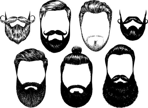 Una colecci&oacute;n de peinados masculinos y estilos de barba dibujados a mano aislados sobre un fondo blanco para barber&iacute;a