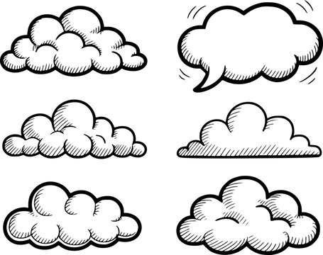 Una colecci&oacute;n de nubes estilo dibujado a mano y un globo de di&aacute;logo aislados sobre un fondo blanco liso
