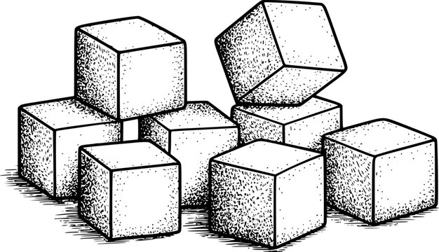 Una colecci&oacute;n de terrones de az&uacute;car dibujados a mano ilustrados en un estilo de tinta punteado en blanco y negro