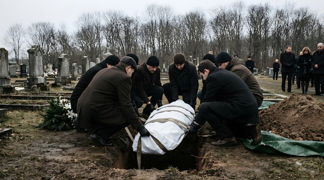 People gathered around graveside for burial ceremony in cemetery with cemetery graveside mourners ceremony mourning religion tradition gathering community