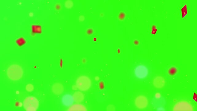 Confetti consisting of small red envelopes floats downwards against a bright green background creating a festive atmosphere suitable for celebrating traditional holidays or cultural event.