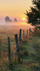 Obraz premium Serene Sunrise Over Misty Meadow with Wooden Fencing and Trees in Soft Light