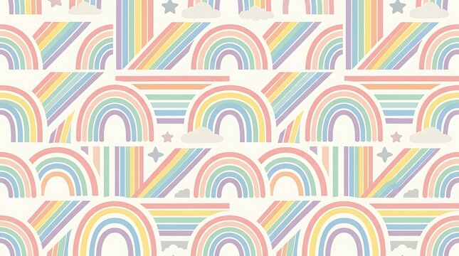 Seamless pastel rainbow pattern with clouds and stars