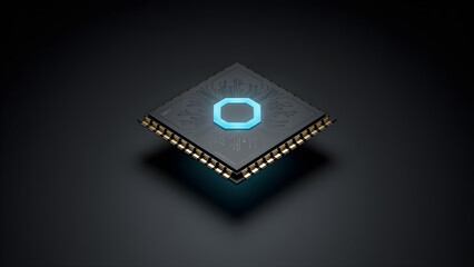 Fototapeta premium Futuristic computer processor chip with glowing blue circuitry on dark background