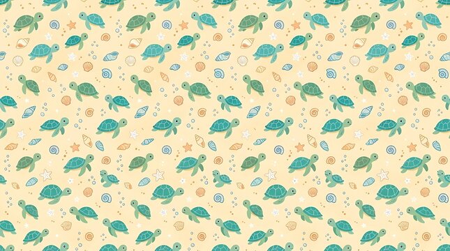 Seamless pattern with cute sea turtles and seashells on sand