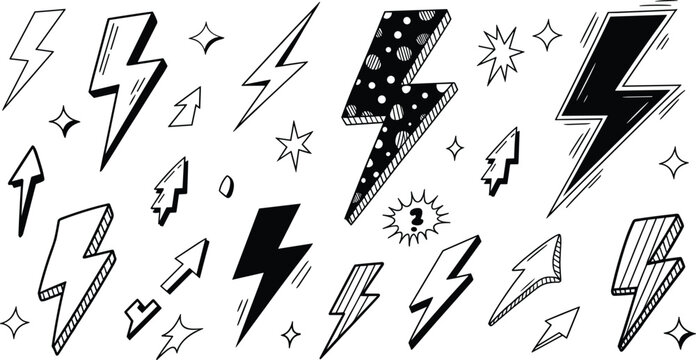 Lightning bolt vector set featuring black and white doodle icons with flash thunder sparks and pop art comic thunderbolt stickers.