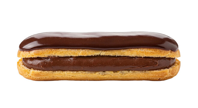 Fresh delicious chocolate eclair pastry with smooth ganache coating high quality 4K PNG image high quality 4K PNG image in white background