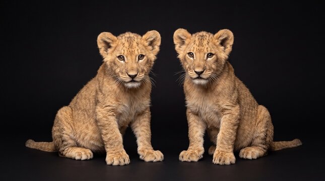 Two young lion cubs sitting together on dark background looking at camera with against black backdrop sitting side side adorable lion portrait wildlife predator