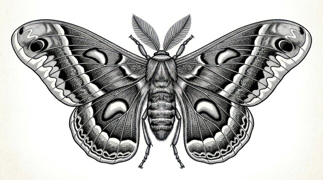 Detailed monochrome illustration of a moth with intricate wing patterns and symmetrical composition