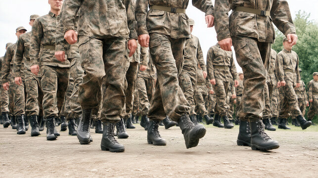 Group of men marching in military clothing and boots, organized formation and discipline concept, army training, defense and teamwork background combat training, unit, squad, patrol