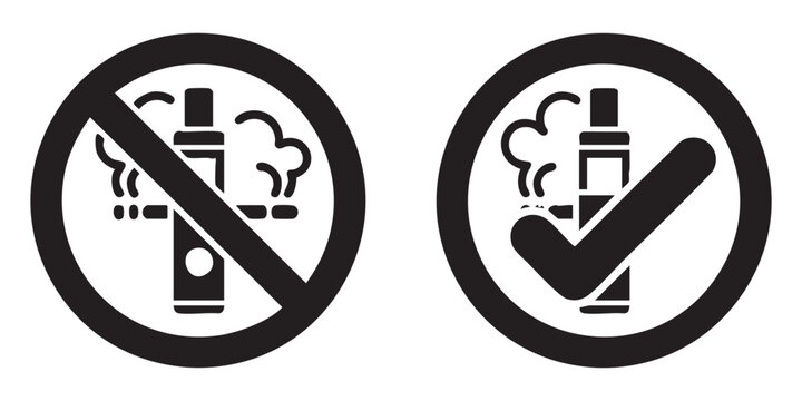 Set of vape and electronic cigarette prohibition icons with checkmark symbol for vaping policy sign.