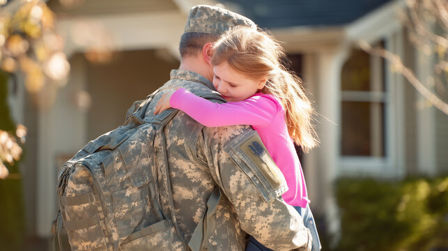 American soldier in uniform returning home and hugging children outside house, military family reunion, emotional homecoming, fatherhood and family love concept soldier, family, ch