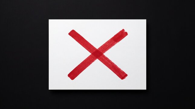 Red cross mark drawn on white paper sheet against black background with set against dark displays red correction validation incorrect education negative rejected
