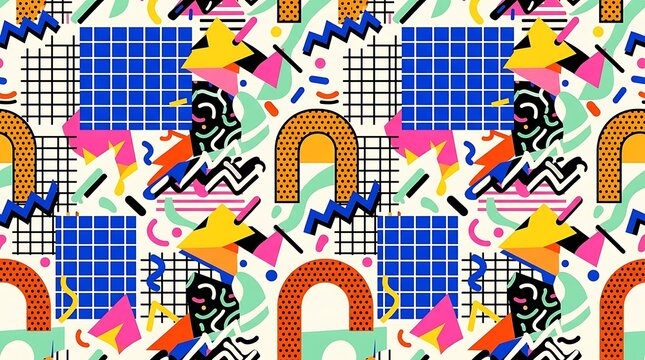 Vibrant memphis style geometric pattern with retro 80s vibes