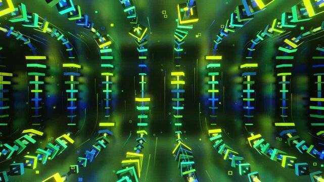 Hypnotic seamless loop of a futuristic geometric array. Abstract digital system made of rotating square prisms, crystalline lattices and textured metal grids, creating deep abstract background.