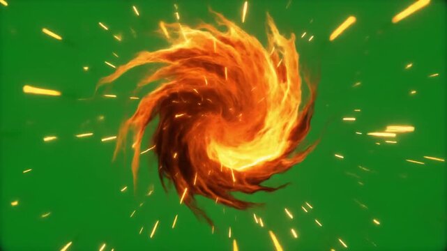 Swirling fire tornado on green screen for VFX compositing. Hyper-realistic 3D flame vortex with seamless looping animation.