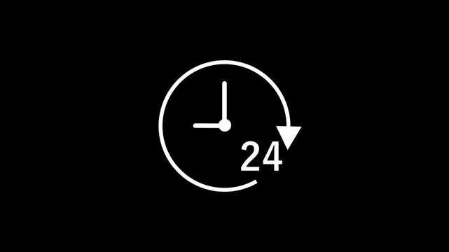 Animated line icon showing 24 seconds timer or continuous countdown loop. 24 hours service icon animation.