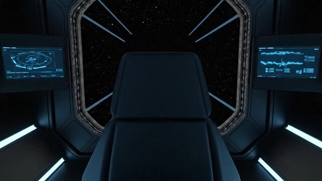 A futuristic command center looking out into the deep dark void of space