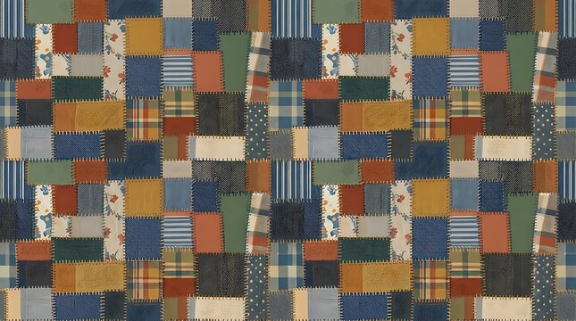 Rustic vintage patchwork fabric pattern with visible stitching