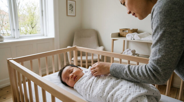 Mother gently tucking in her newborn baby swaddled in a white blanket inside a wooden crib in a bright nursery room