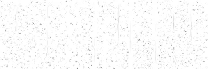 Realistic transparent dew water droplets and water drops on wet clear window glass surface with sprinkled water-drop rolling down drop overlay rain texture effect on PNG background © SharminAkter
