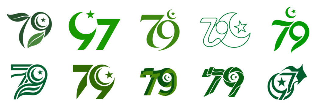 Pakistan Independence Day Pakistan Independence Day 79th Anniversary Logo Set, Green Number 79 Vector Icons with Crescent and Star, National Celebration Graphic Elements Ediable Vector.