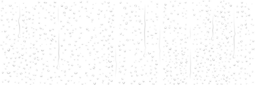Realistic transparent dew water droplets and water drops on wet clear window glass surface with sprinkled water-drop rolling down drop overlay rain texture effect on PNG background