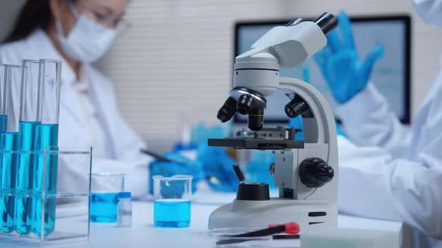 Scientific research team working in a modern laboratory with a microscope and blue liquid in test tubes and beakers
