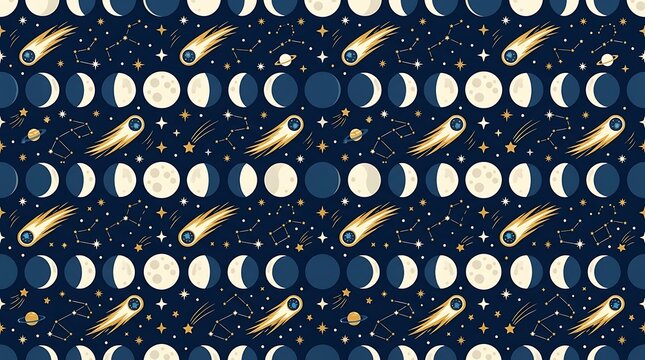 Celestial moon phases and shooting stars seamless pattern