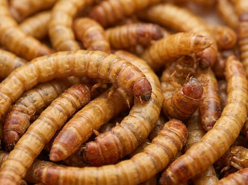 Many small brown mealworm larvae crawling together in a large pile