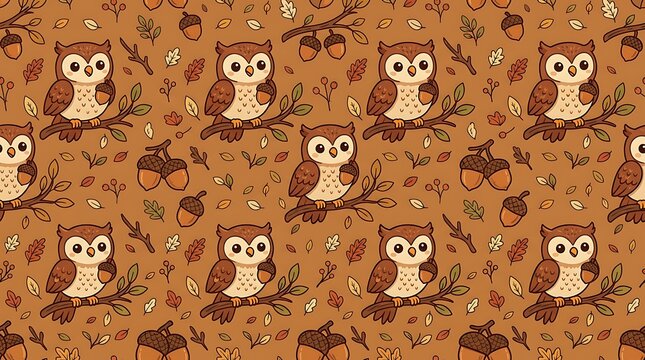 Cute autumn owl pattern with acorns and falling leaves on brown