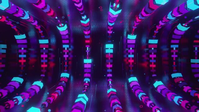 Hypnotic seamless loop of a futuristic geometric array. Abstract digital system made of rotating 3d objects, crystalline lattices and textured metal grids, creating deep abstract background.