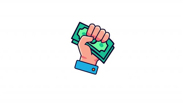 Animated vector sticker with hand holding cash, fun finance celebration loop, with transparent alpha background suitable for editing