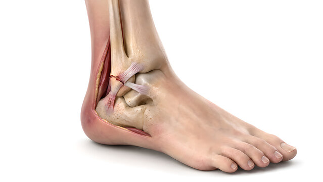 Ankle sprain with torn lateral ligaments in photorealistic medical 3D anatomy render, showing ATFL and CFL injury for healthcare, orthopedic education, diagnosis, and patient information use
