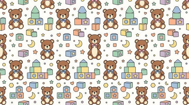 Cute teddy bear and building block seamless pattern in pastel colors