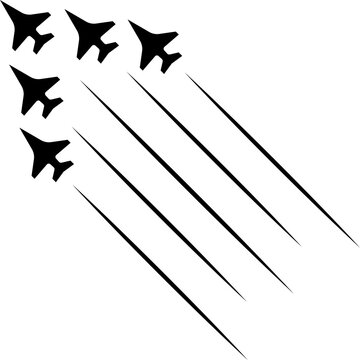 Jet fighter formation flying in air. Military aircraft squadron with vapor trails. Transparent Background