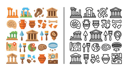 Ancient Archaeology Icons: Ruins, Pottery, Tools, Map, Fossils, Excavation © Zeyi