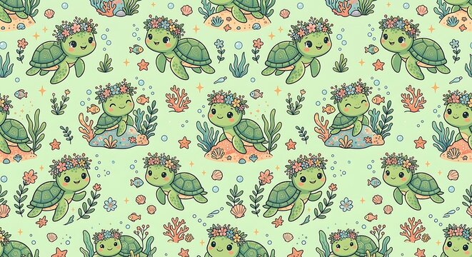Seamless pattern with cute sea turtles wearing flower crowns