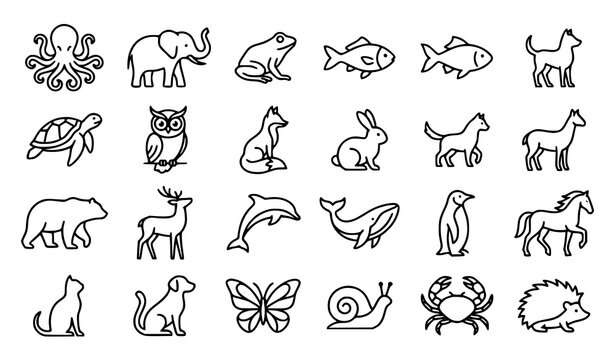 Black and White Animal Outline Vector Set with Octopus Elephant Frog Fish and Wildlife Collection