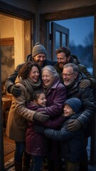 Fototapeta premium Multigenerational Family Reuniting at Snowy Home Doorway