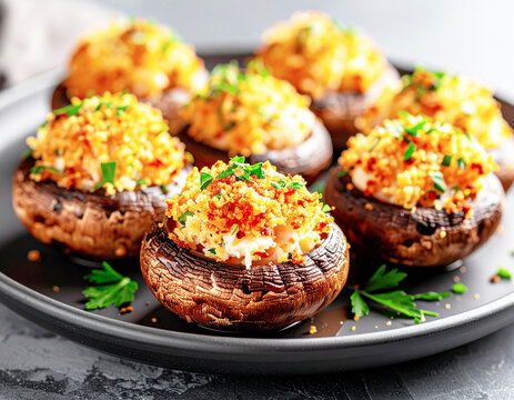 Crab meat stuffed mushrooms, crispy breadcrumb topping. AI