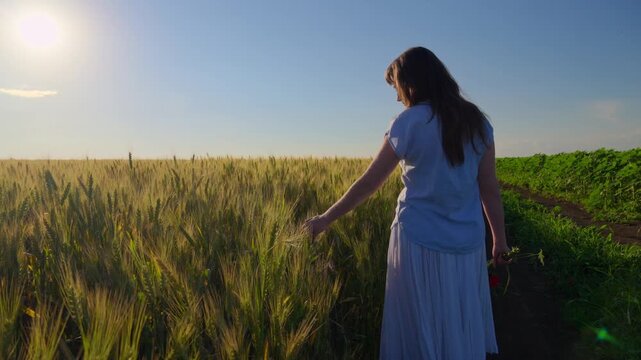 A beautiful young woman walking along a path in a vast wheat field during a golden hour sunset with warm sunlight and a peaceful atmosphere