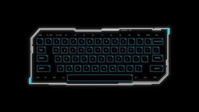 Futuristic Sci Fi HUD Atomic 07 Keyboard Panel Screen Overlay to Type Cyber Code in High Tech Terminal User Interface