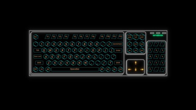 Futuristic Sci Fi HUD Keyboard Panel Screen Overlay with Hexagonal Honeycomb Keycaps and Orange Cyan Glow