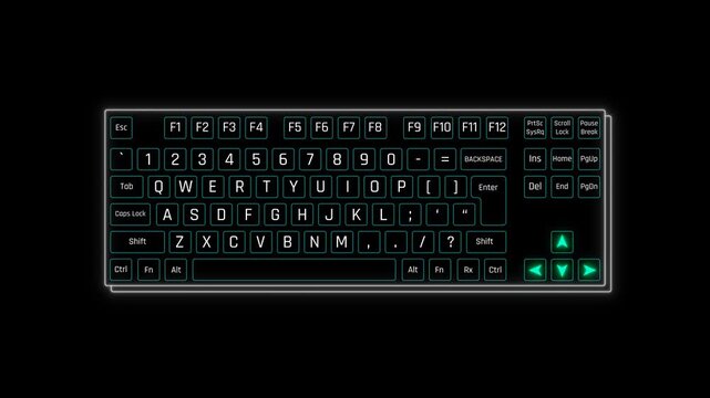 Futuristic Sci Fi HUD Keyboard Panel Screen Overlay with Dedicated Green Arrow Keys and White Cyan Glow