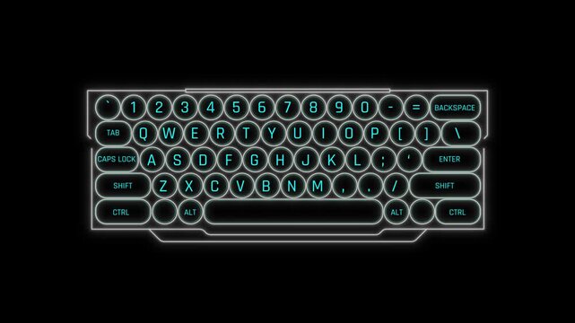 Futuristic Sci Fi HUD Keyboard Panel Screen Overlay with Circular Typewriter Keycaps and White Cyan Glow