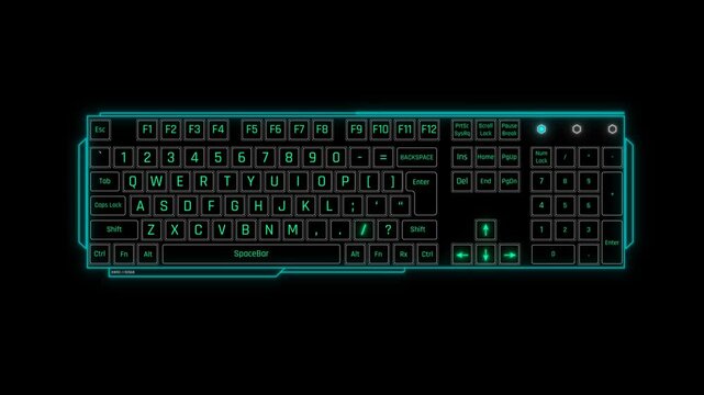 Futuristic Sci Fi HUD Full Keyboard Panel Screen Overlay with Numpad and Neon Cyan Glow